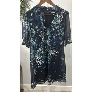 DKNY Dress Blue Sheer Floral Dress Tie Neck Peasant Modest Cottage Mature Size 6